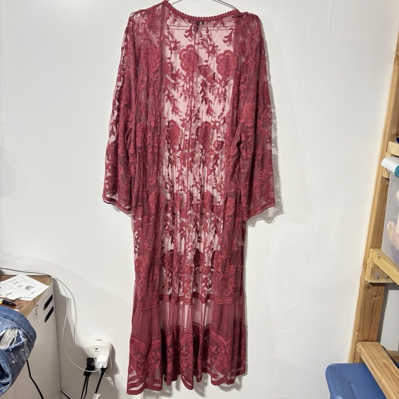 Torrid 3X Dusty Red Mesh Crochet Trim Longline Kimono Lace Duster Embroidered - Picture 9 of 10